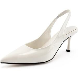 New Heelchic Womens 6.5 White Faux Leather Closed Toe 3" Heel Slingback Shoes